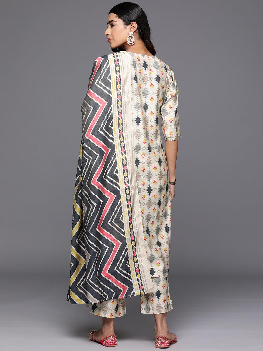 Multicoloured Printed Silk Blend Straight Suit With Dupatta