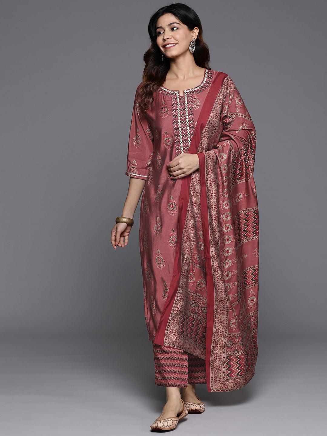 Rust Printed Silk Blend Straight Suit With Dupatta