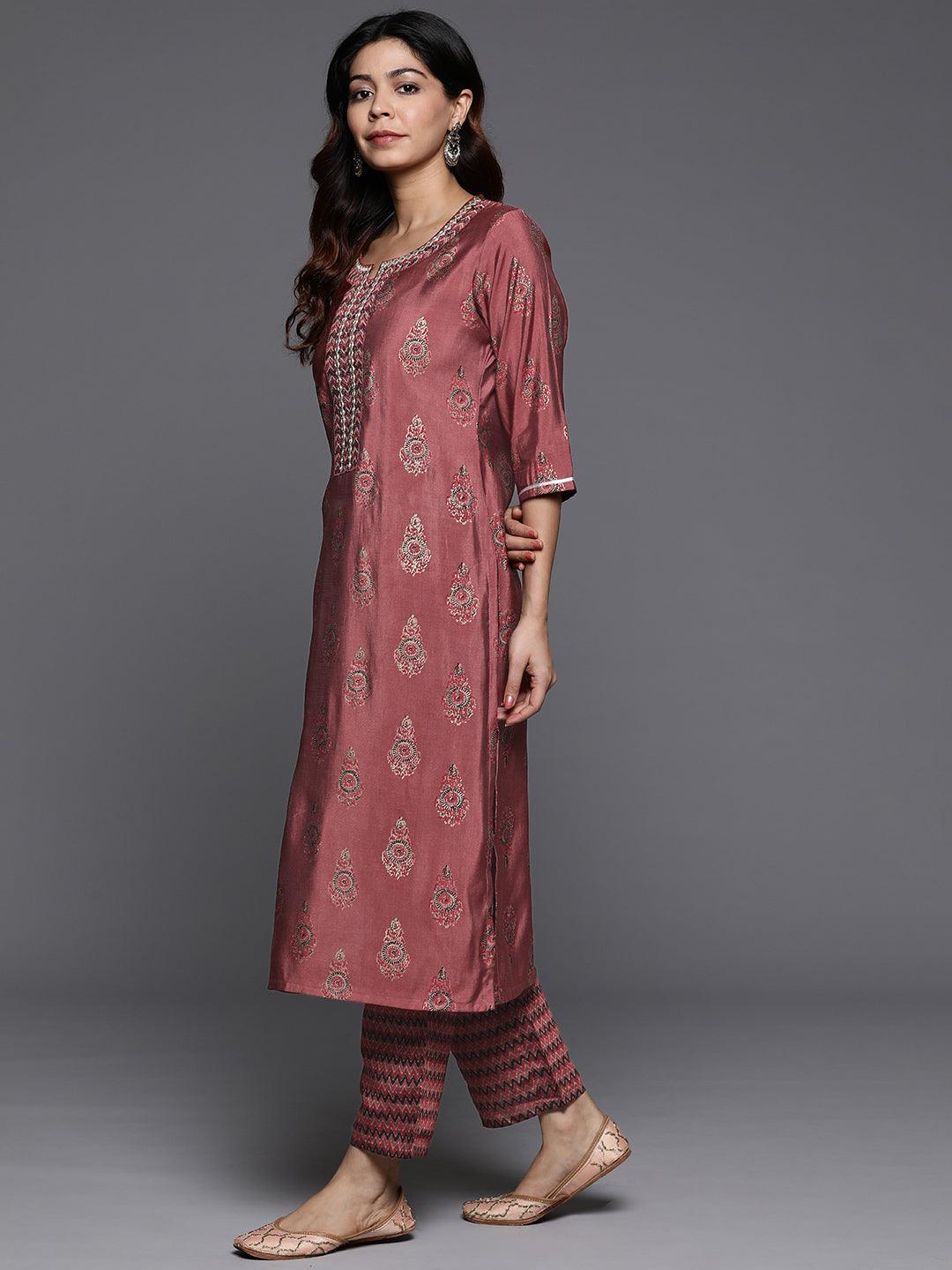 Rust Printed Silk Blend Straight Suit With Dupatta