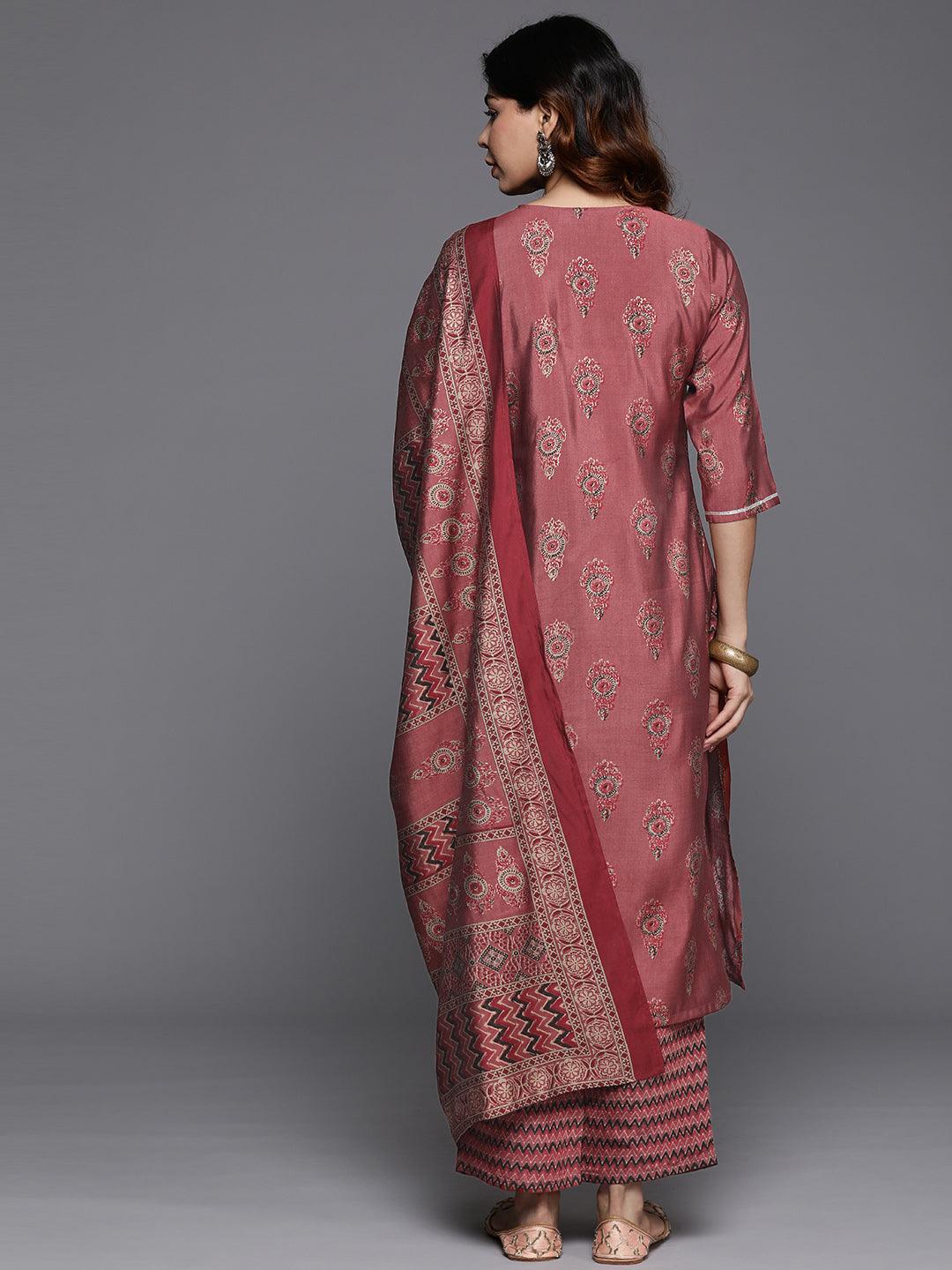 Rust Printed Silk Blend Straight Kurta With Trousers & Dupatta - ShopLibas