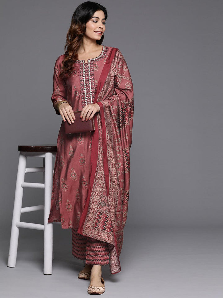 Rust Printed Silk Blend Straight Kurta With Trousers & Dupatta - ShopLibas