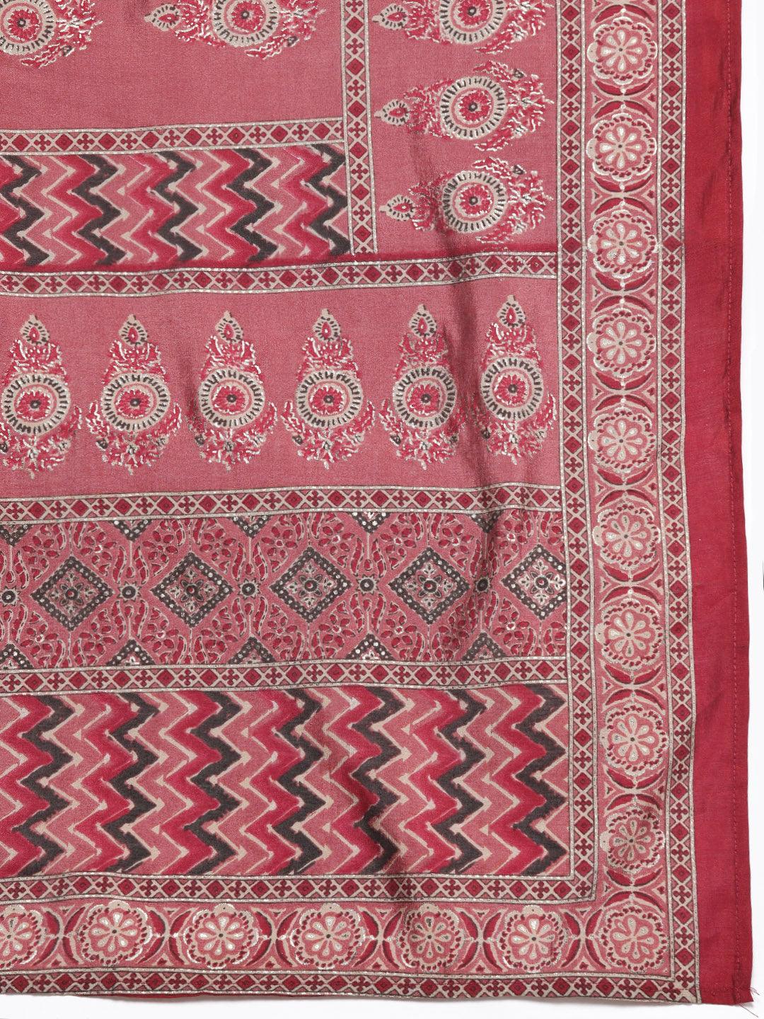 Rust Printed Silk Blend Straight Suit With Dupatta