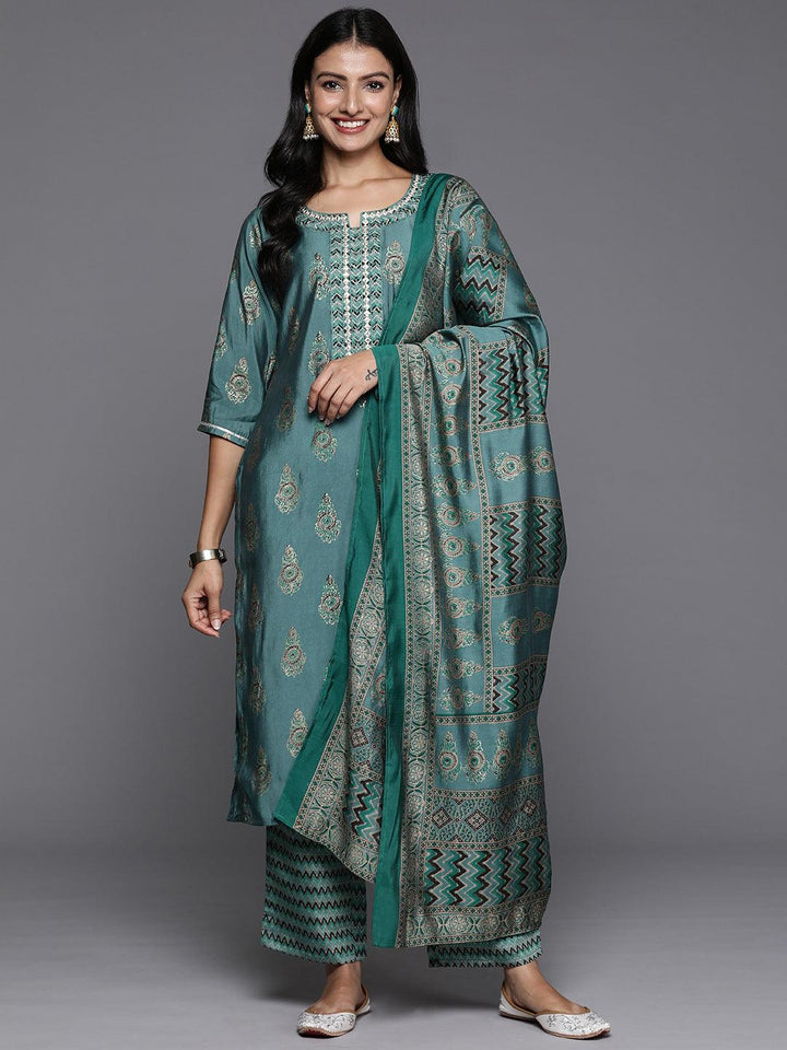 Blue Printed Silk Blend Straight Kurta With Trousers & Dupatta - ShopLibas