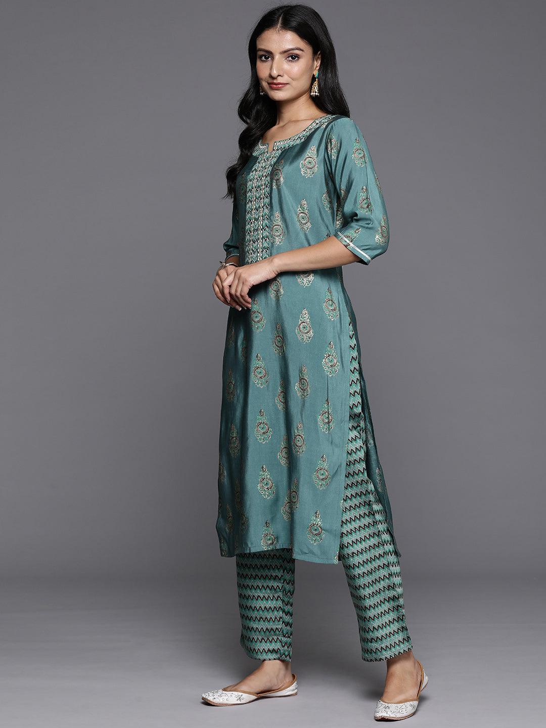 Blue Printed Silk Blend Straight Suit With Dupatta