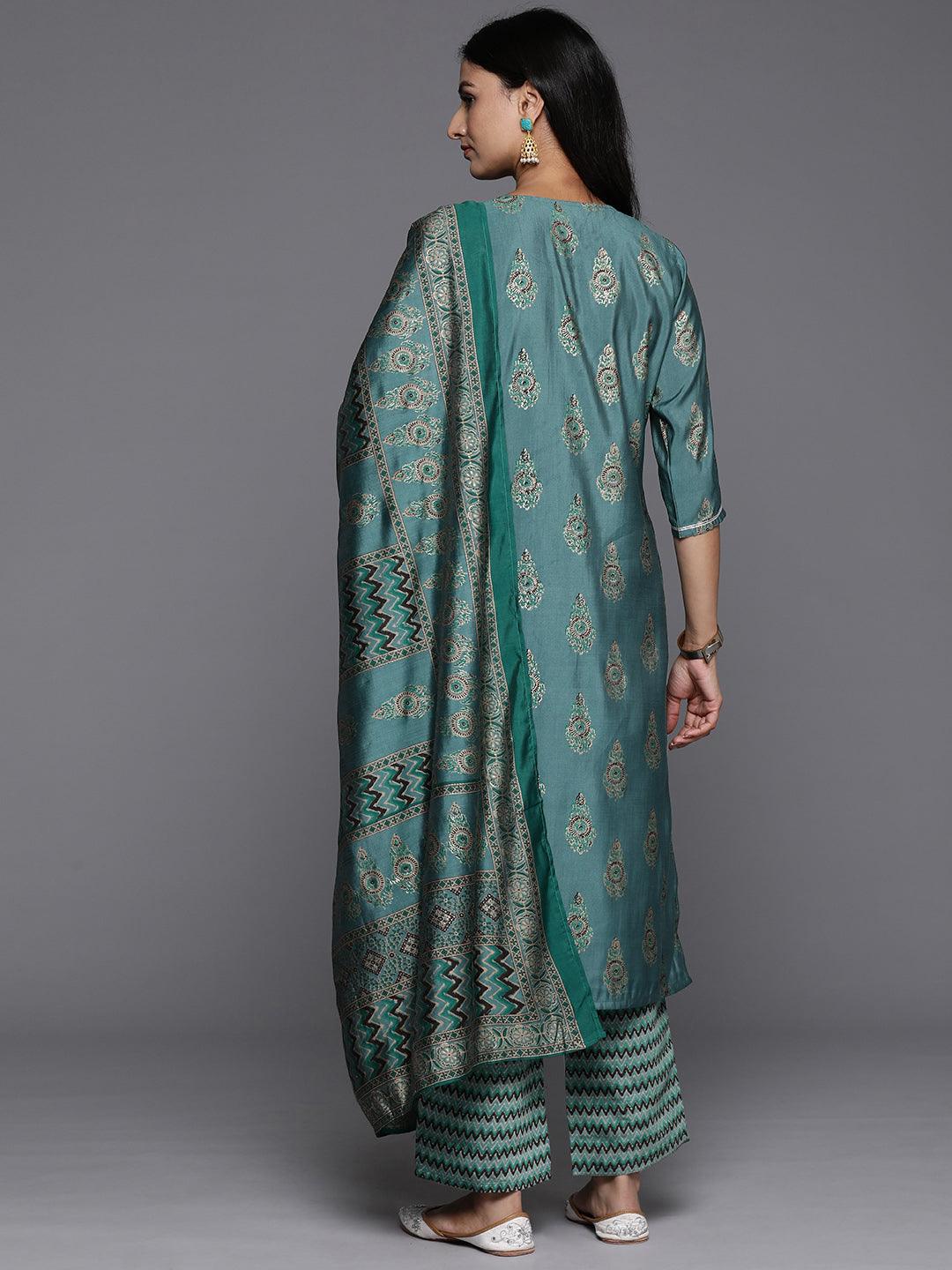 Blue Printed Silk Blend Straight Kurta With Trousers & Dupatta - ShopLibas