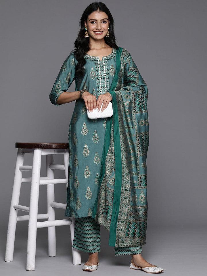 Blue Printed Silk Blend Straight Kurta With Trousers & Dupatta - ShopLibas