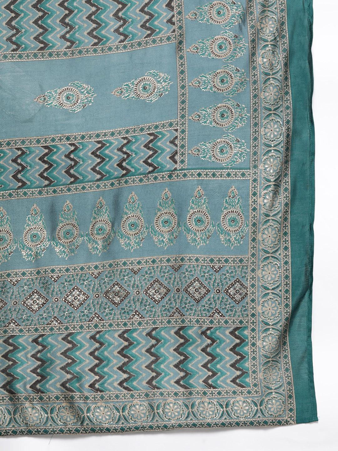 Blue Printed Silk Blend Straight Suit With Dupatta