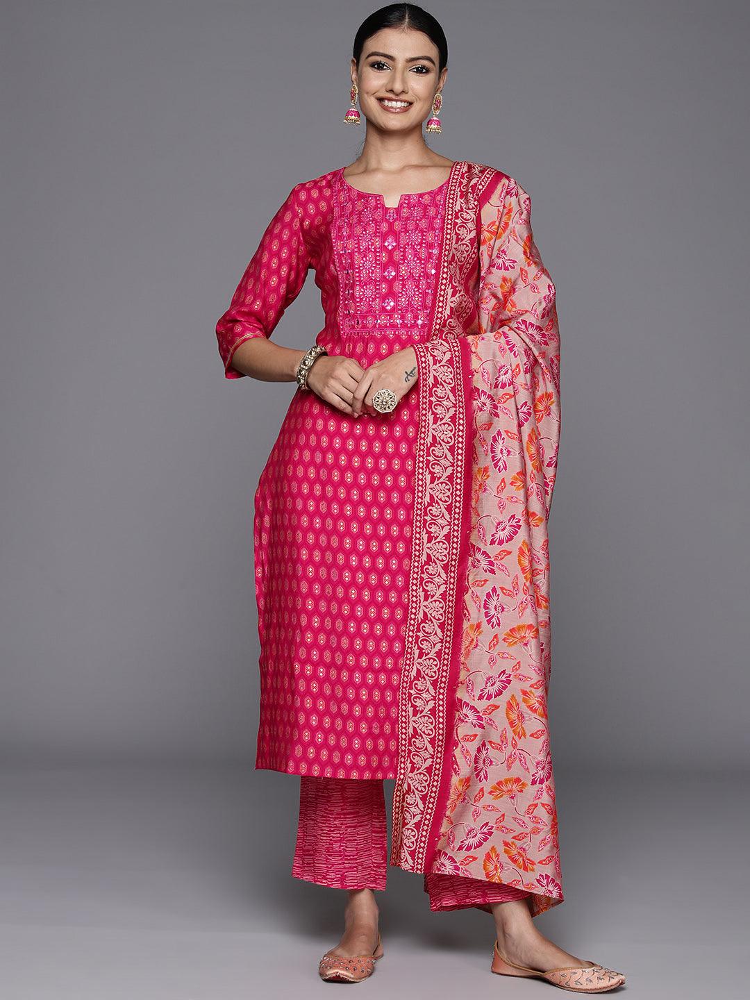 Pink Printed Silk Blend Straight Kurta With Trousers & Dupatta - ShopLibas