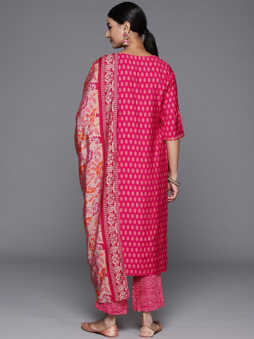 Pink Printed Silk Blend Straight Kurta With Trousers & Dupatta - ShopLibas