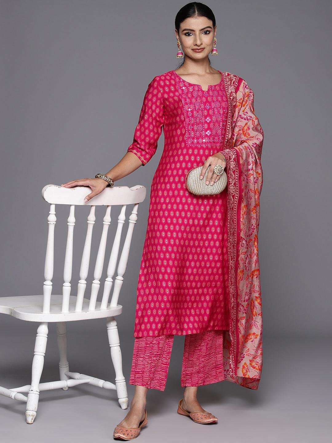 Pink Printed Silk Blend Straight Kurta With Trousers & Dupatta - ShopLibas