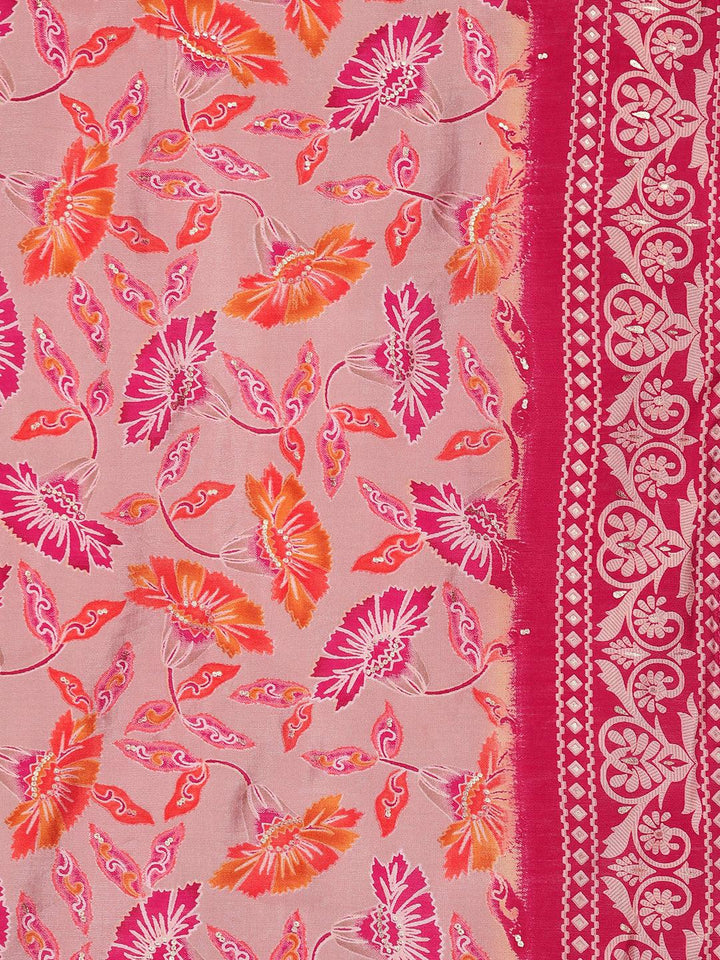 Pink Printed Silk Blend Straight Kurta With Trousers & Dupatta - ShopLibas