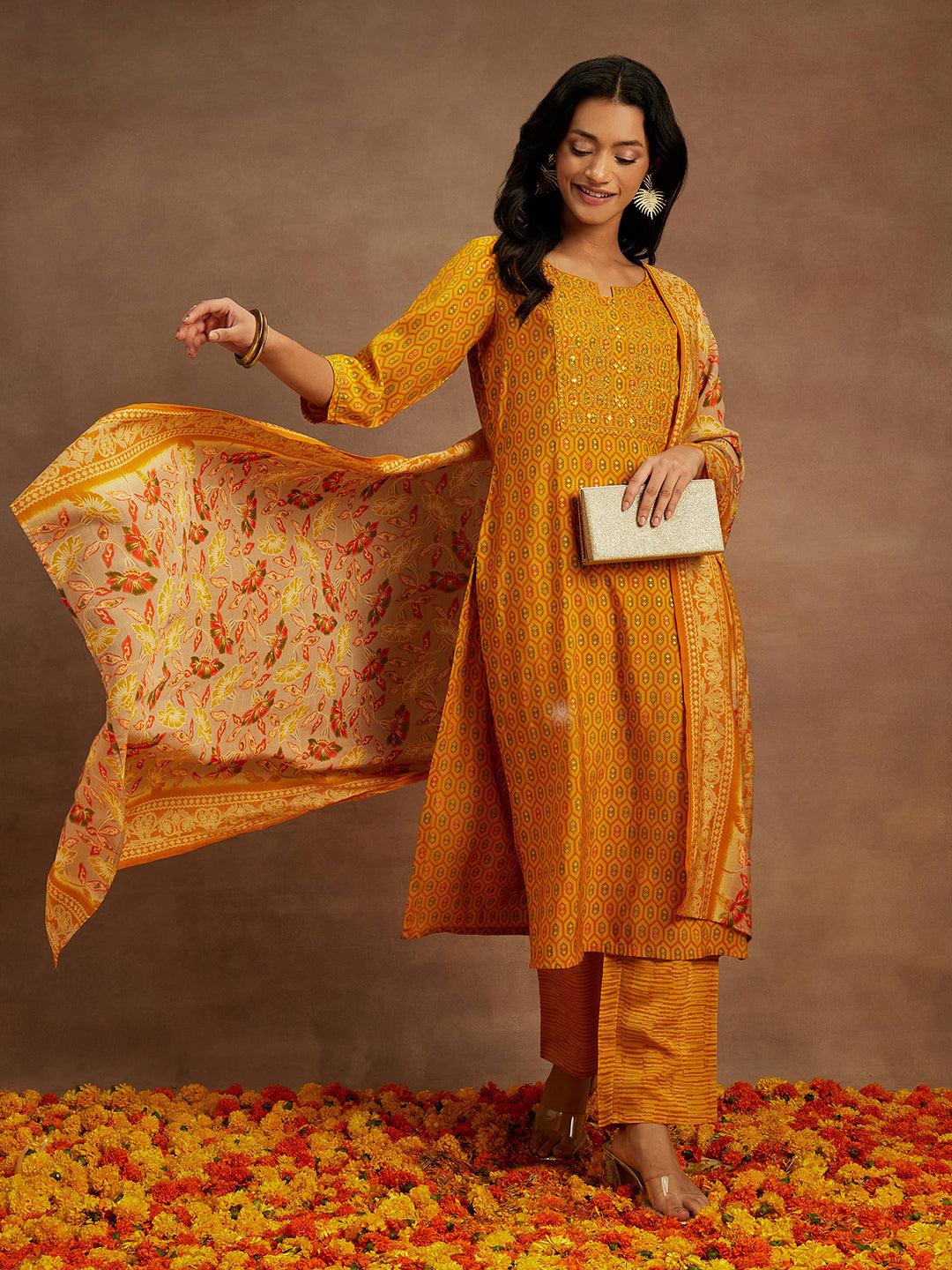 Yellow Printed Silk Blend Straight Suit With Dupatta