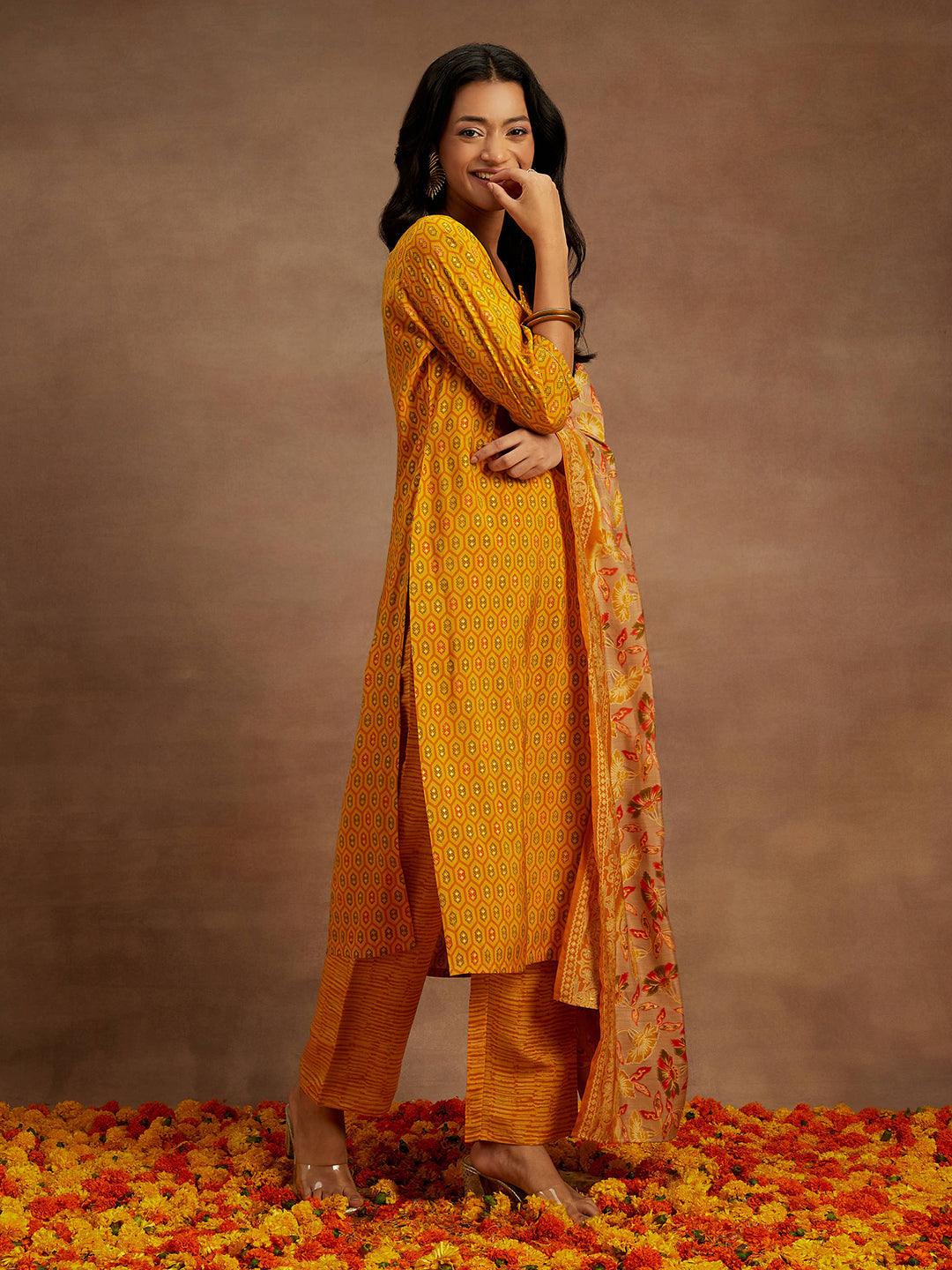 Yellow Printed Silk Blend Straight Suit With Dupatta