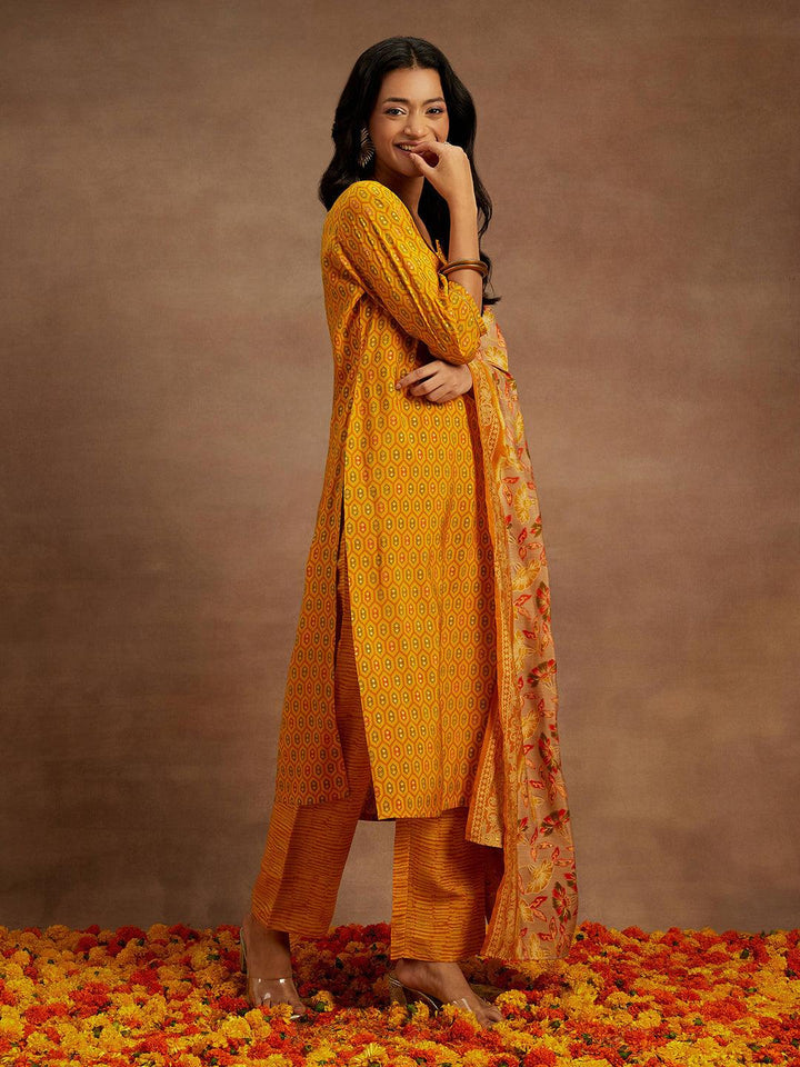 Yellow Printed Silk Blend Straight Kurta With Trousers & Dupatta - ShopLibas