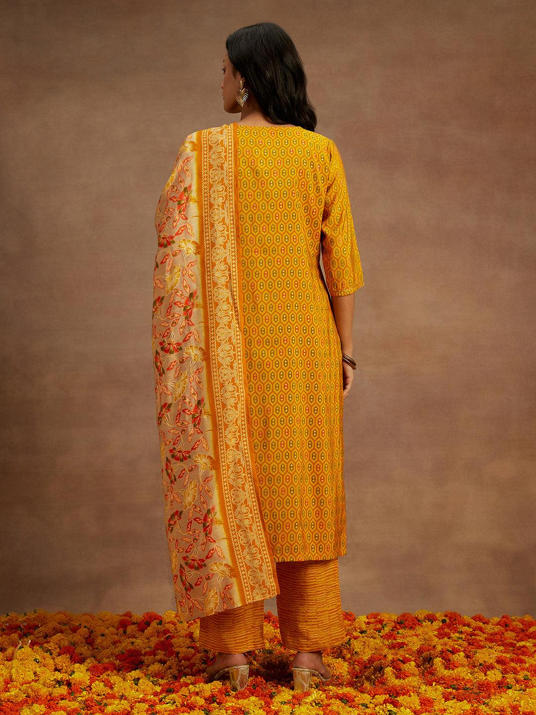 Yellow Printed Silk Blend Straight Suit With Dupatta