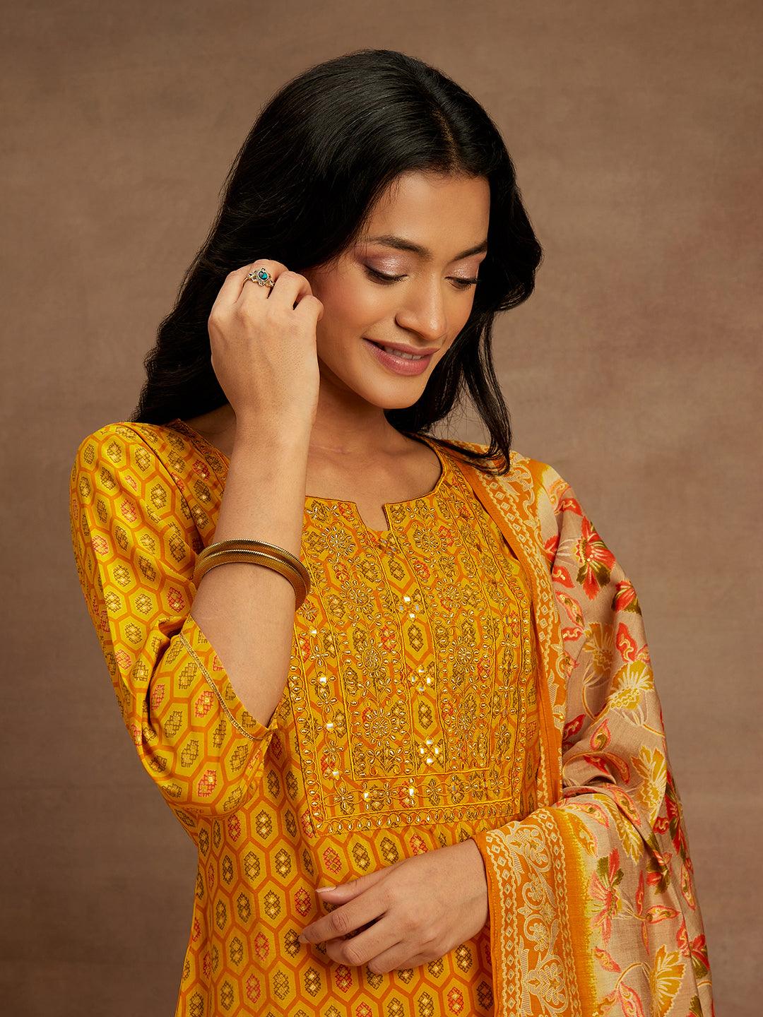 Yellow Printed Silk Blend Straight Suit With Dupatta