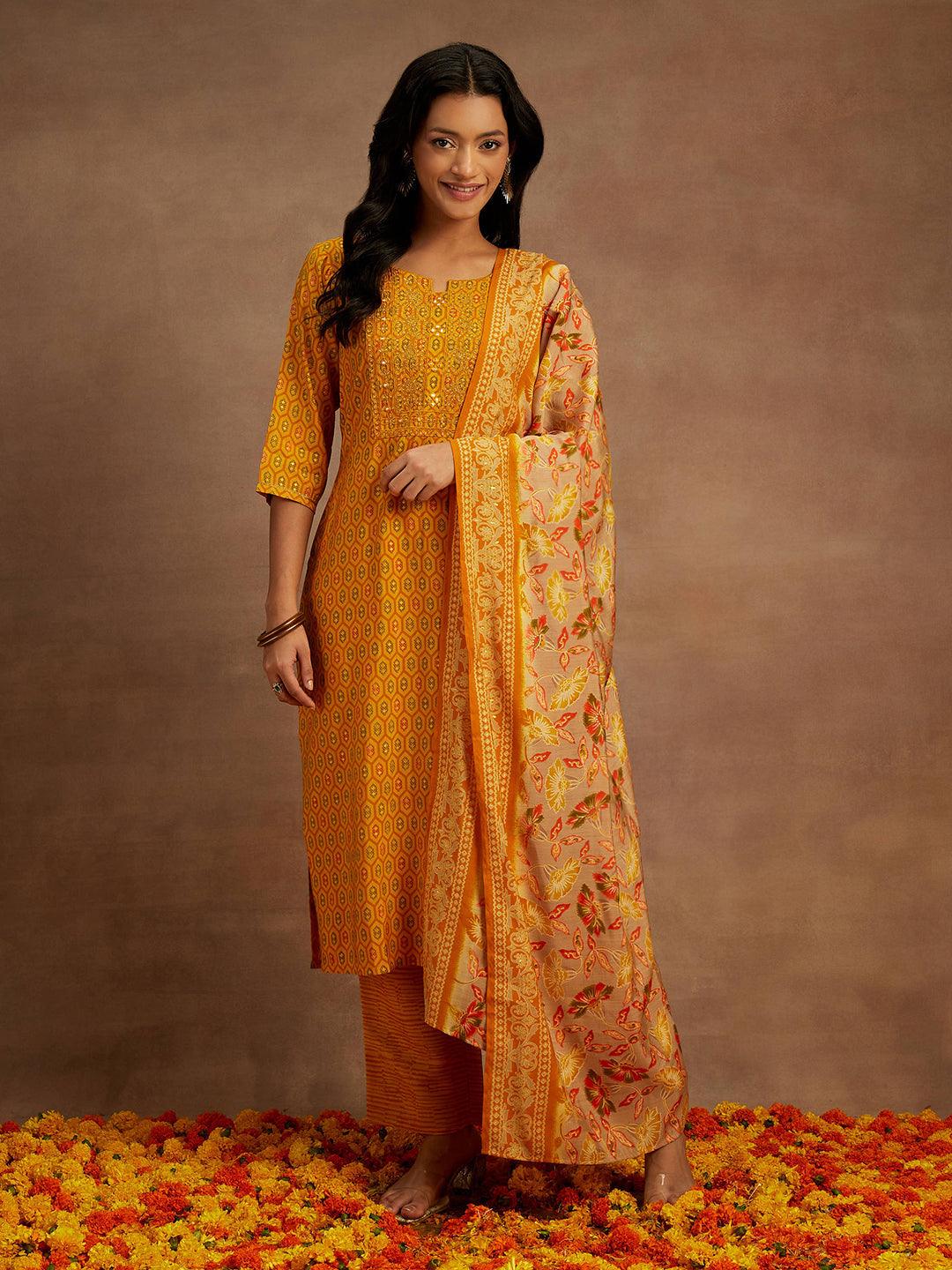 Yellow Printed Silk Blend Straight Suit With Dupatta