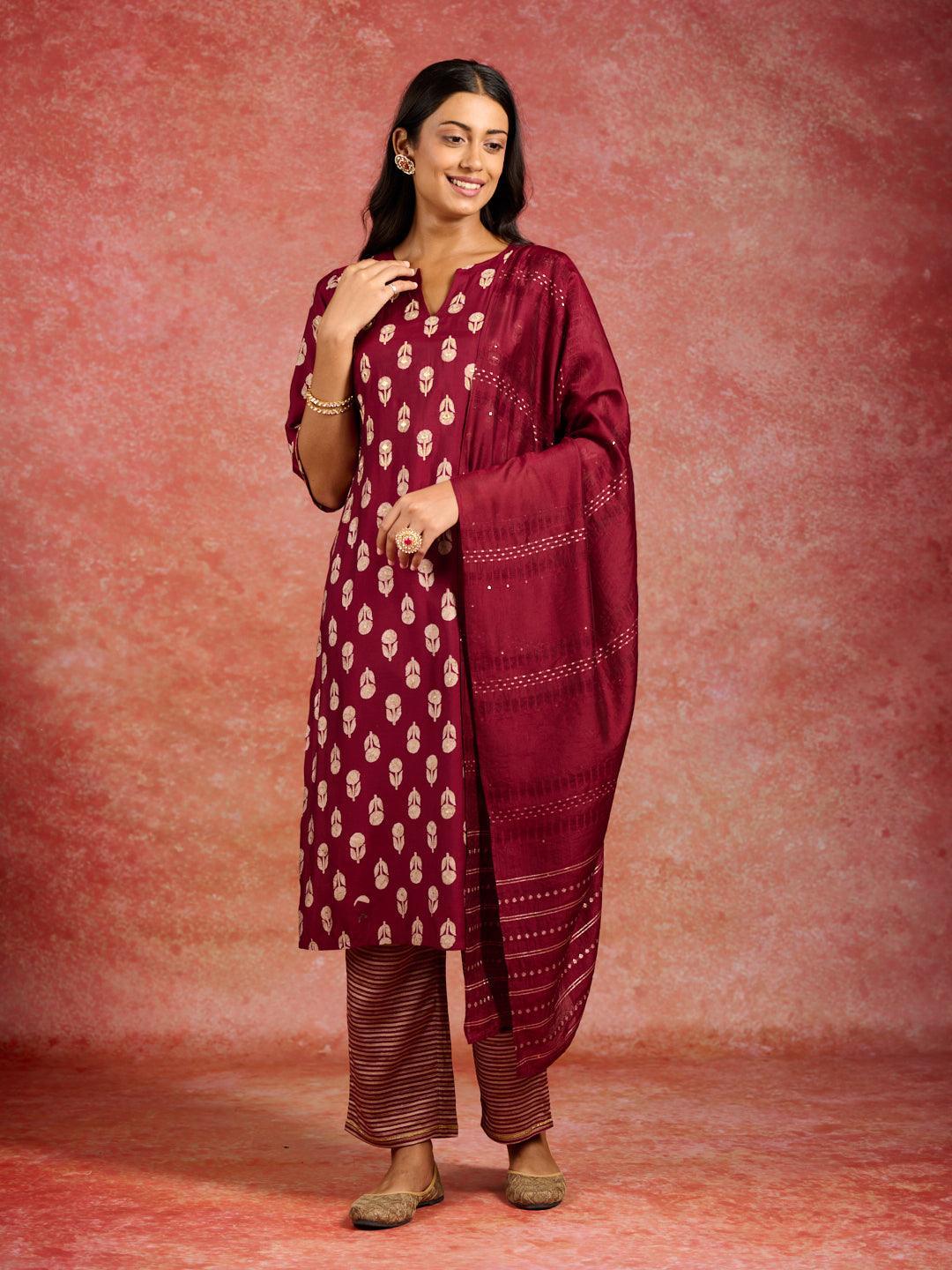 Maroon Printed Silk Blend Straight Suit With Dupatta