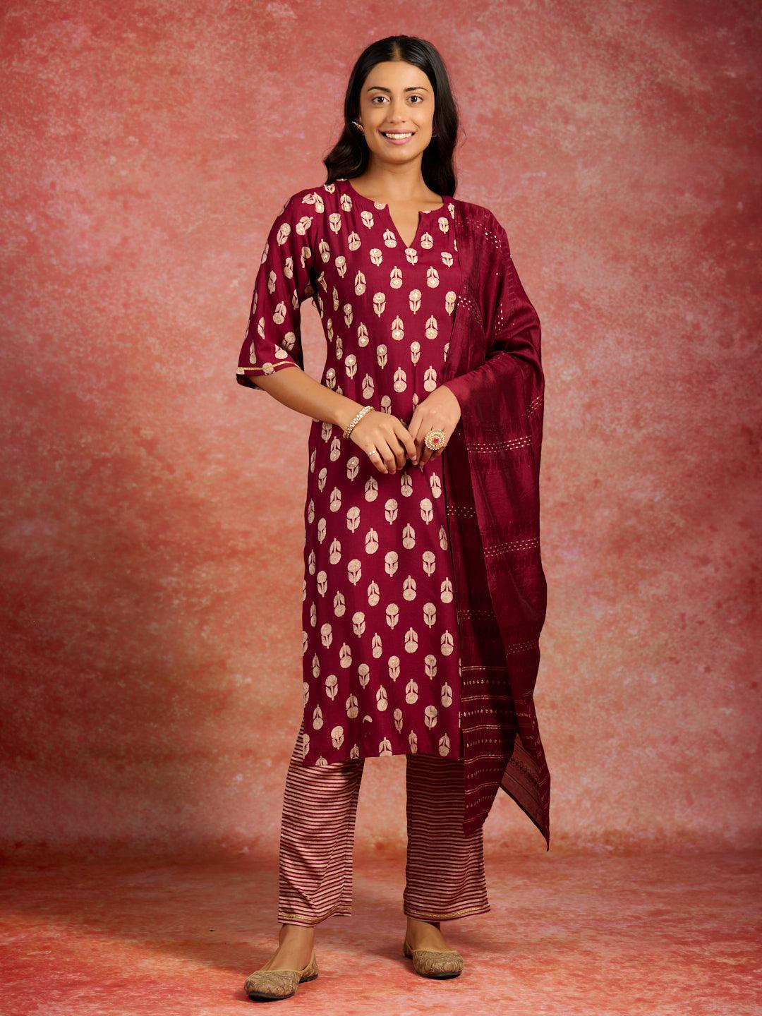 Maroon Printed Silk Blend Straight Suit With Dupatta