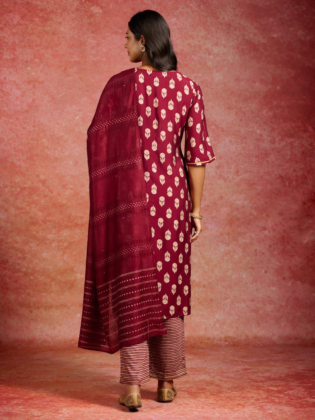 Maroon Printed Silk Blend Straight Suit With Dupatta