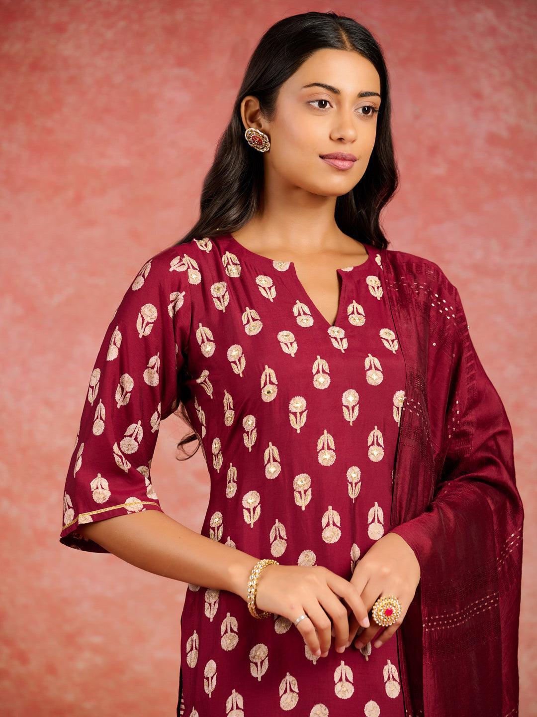 Maroon Printed Silk Blend Straight Kurta With Trousers & Dupatta - ShopLibas