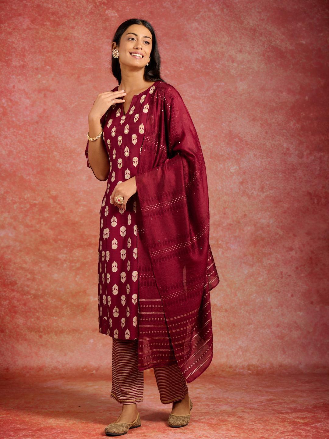 Maroon Printed Silk Blend Straight Kurta With Trousers & Dupatta - ShopLibas