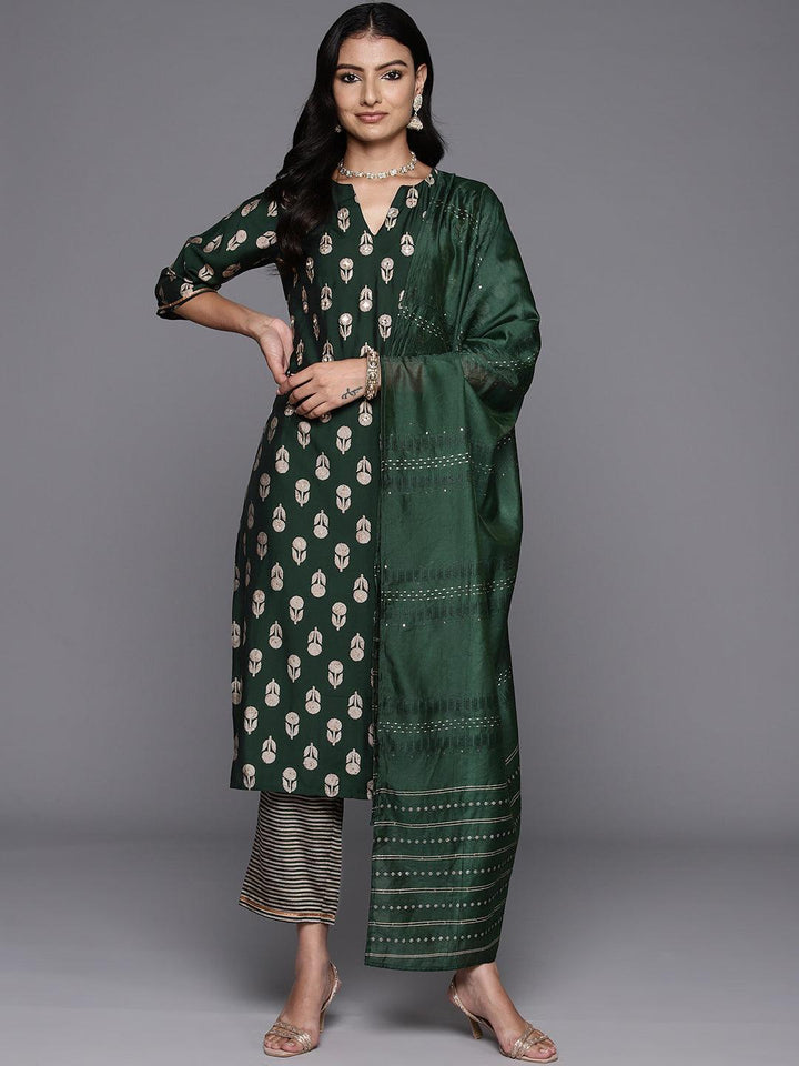 Green Printed Silk Blend Straight Kurta With Trousers & Dupatta - ShopLibas