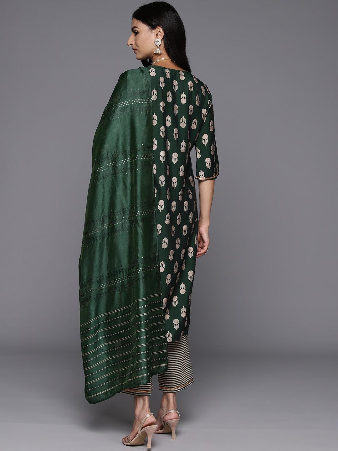 Green Printed Silk Blend Straight Kurta With Trousers & Dupatta - ShopLibas