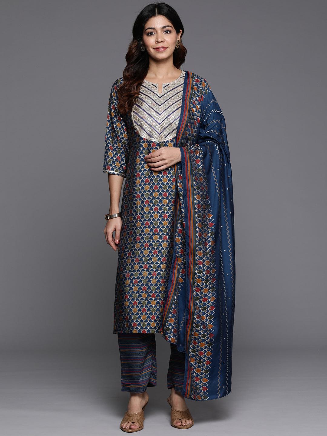 Blue Printed Silk Blend Straight Suit With Dupatta