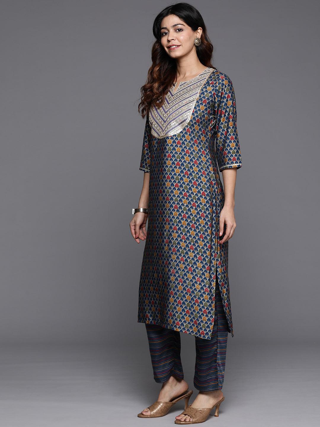 Blue Printed Silk Blend Straight Kurta With Trousers & Dupatta - ShopLibas