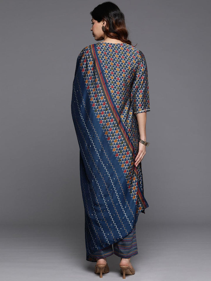 Blue Printed Silk Blend Straight Kurta With Trousers & Dupatta - ShopLibas