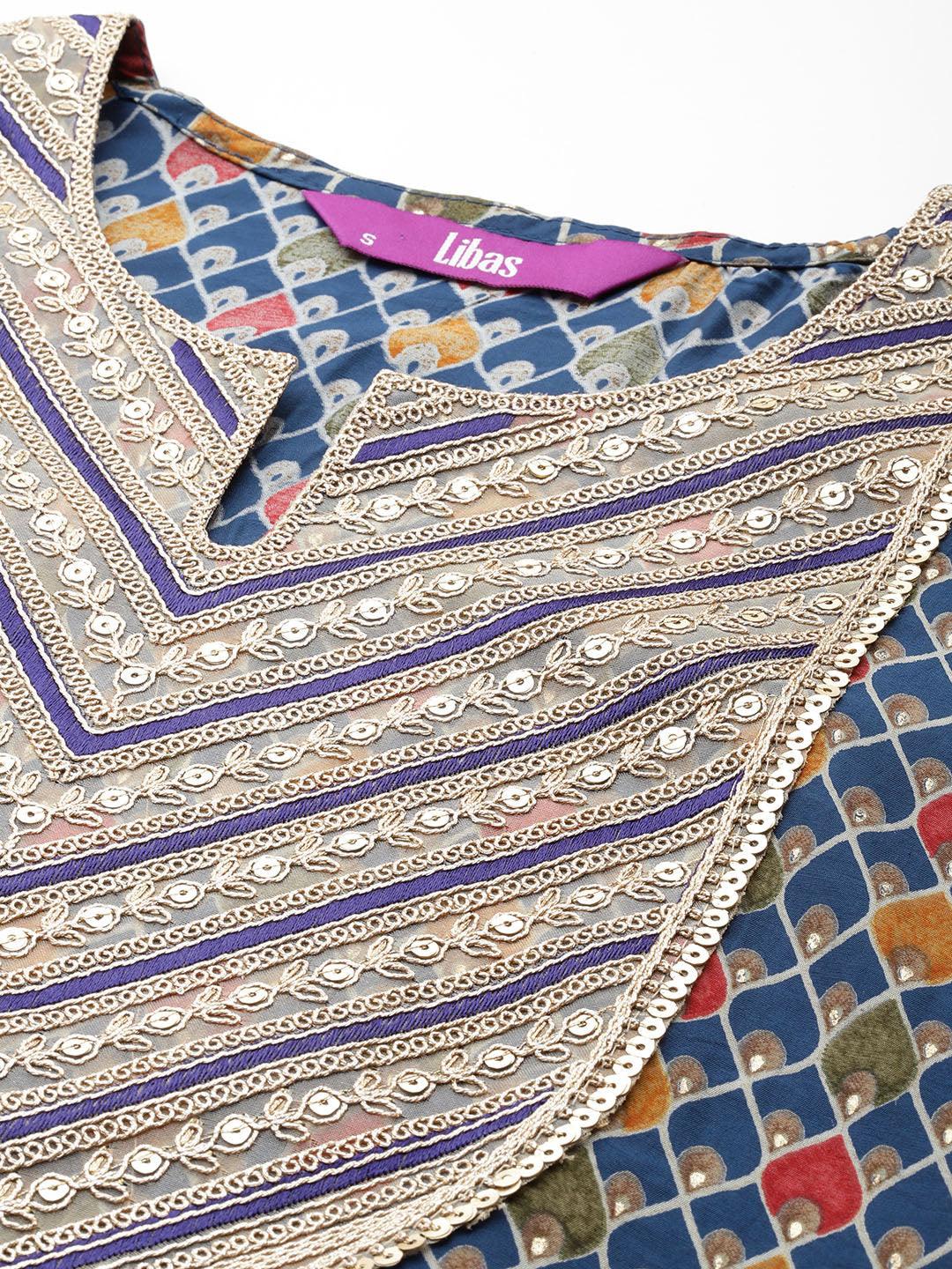 Blue Printed Silk Blend Straight Kurta With Trousers & Dupatta - ShopLibas