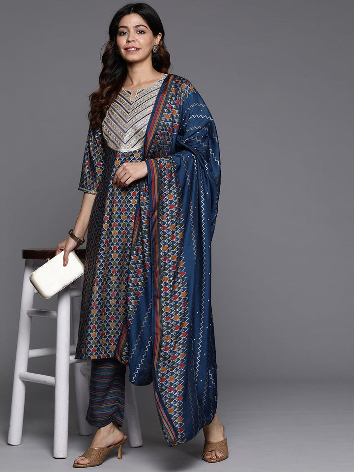 Blue Printed Silk Blend Straight Kurta With Trousers & Dupatta - ShopLibas