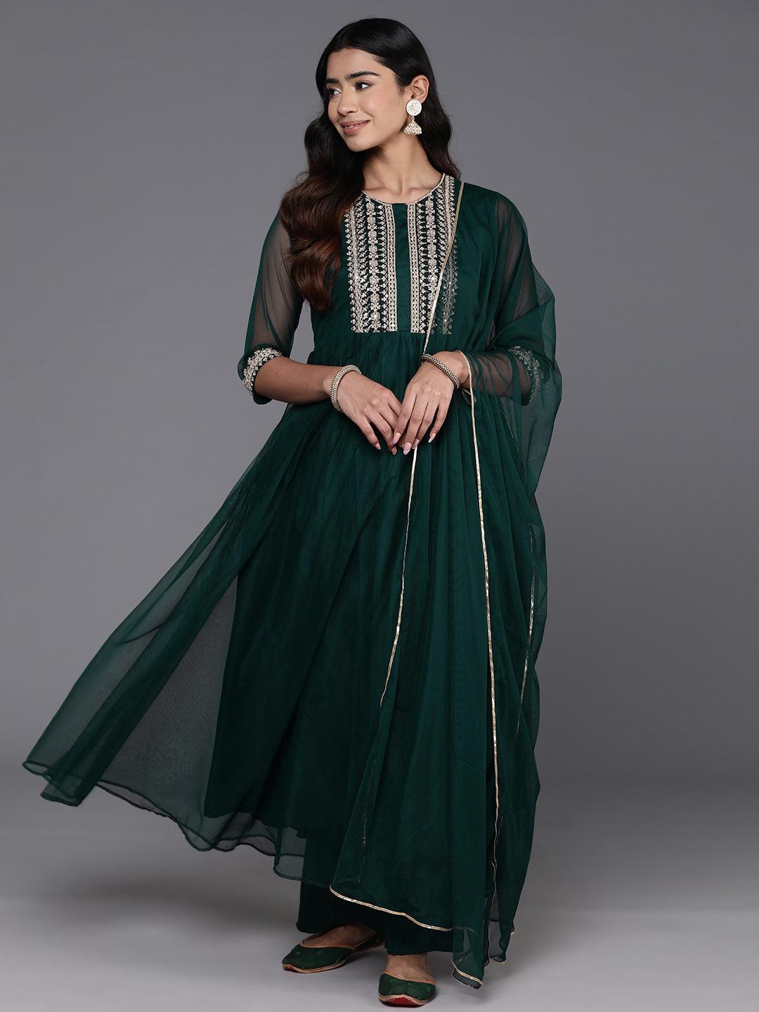 Green Yoke Design Shantoon A-Line Kurta With Palazzos & Dupatta - ShopLibas