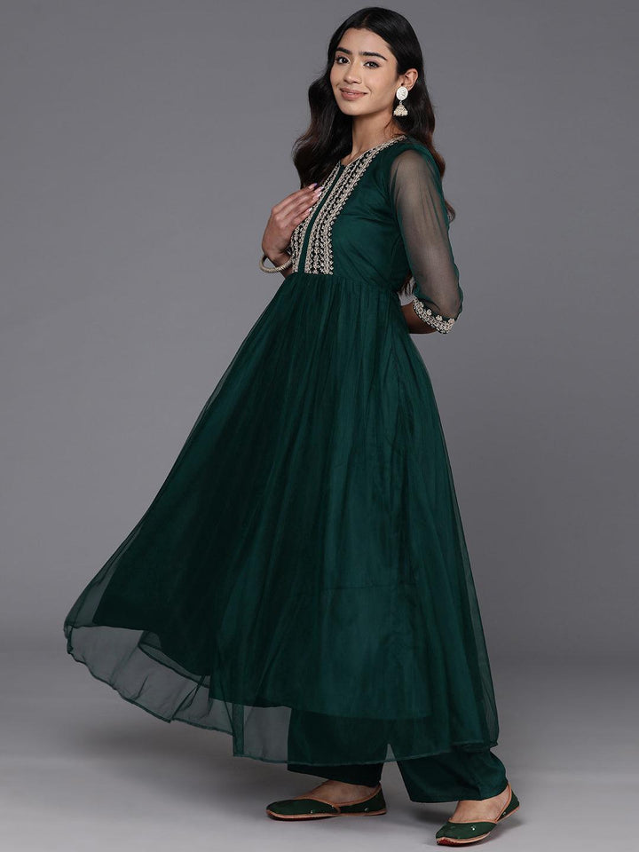 Green Yoke Design Shantoon A-Line Kurta With Palazzos & Dupatta - ShopLibas