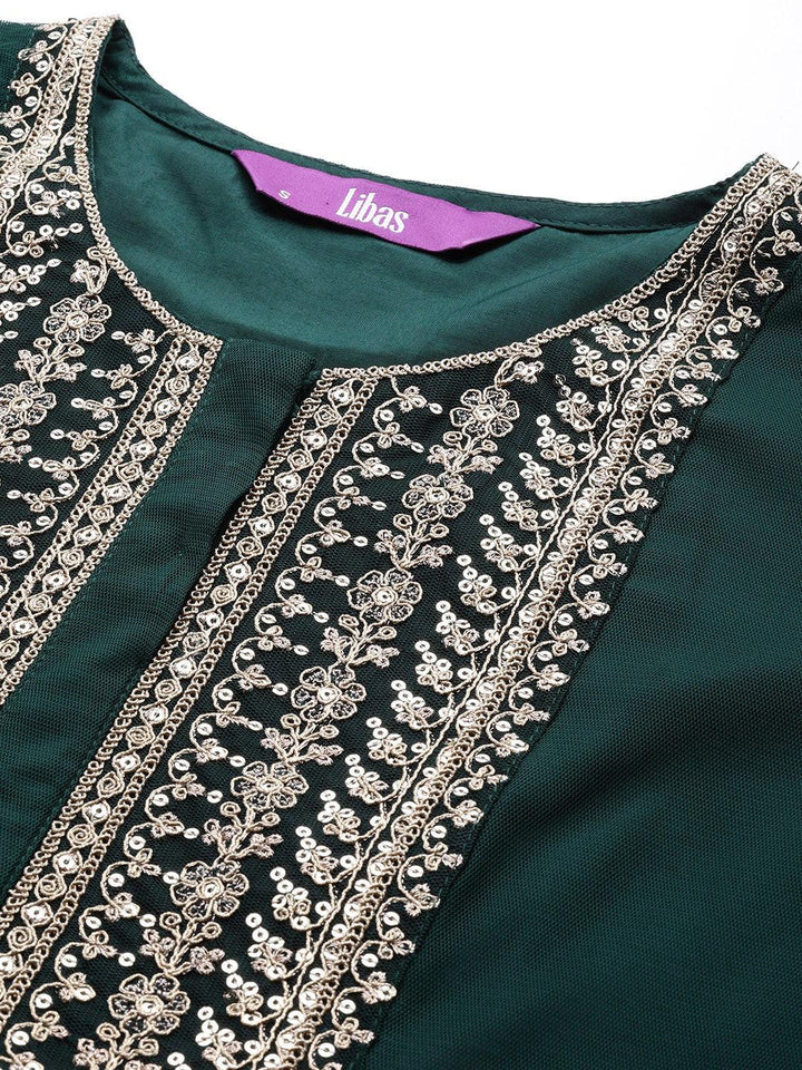 Green Yoke Design Shantoon A-Line Kurta With Palazzos & Dupatta - ShopLibas