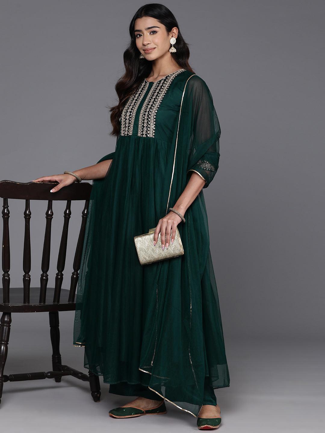 Green Yoke Design Shantoon A-Line Kurta With Palazzos & Dupatta - ShopLibas