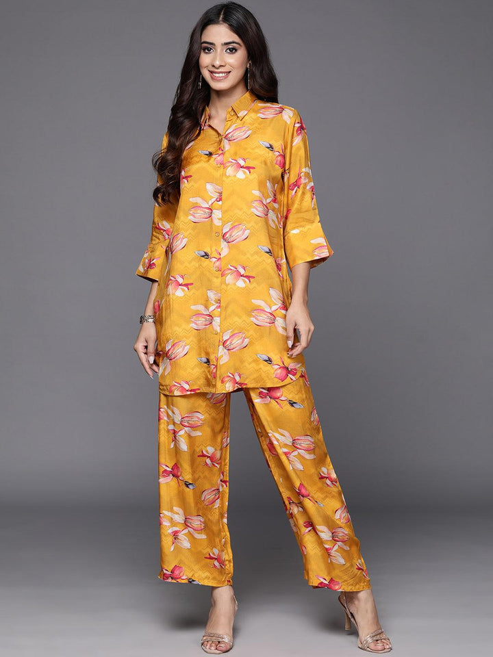 Mustard Printed Cotton Blend Shirt With Palazzos - ShopLibas