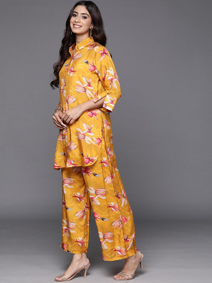 Mustard Printed Cotton Blend Shirt With Palazzos - ShopLibas