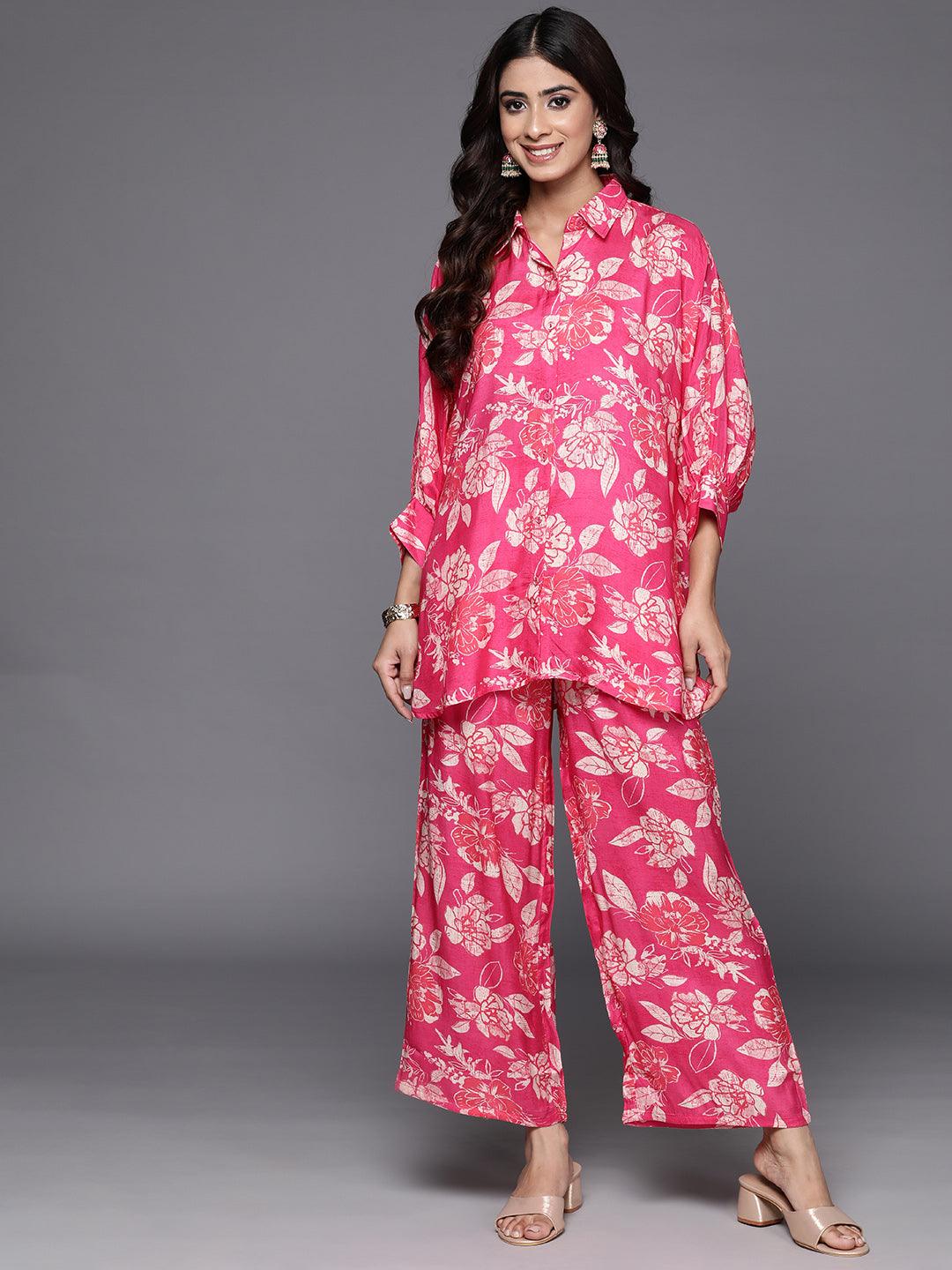 Pink Printed Cotton Blend Shirt With Palazzos - ShopLibas