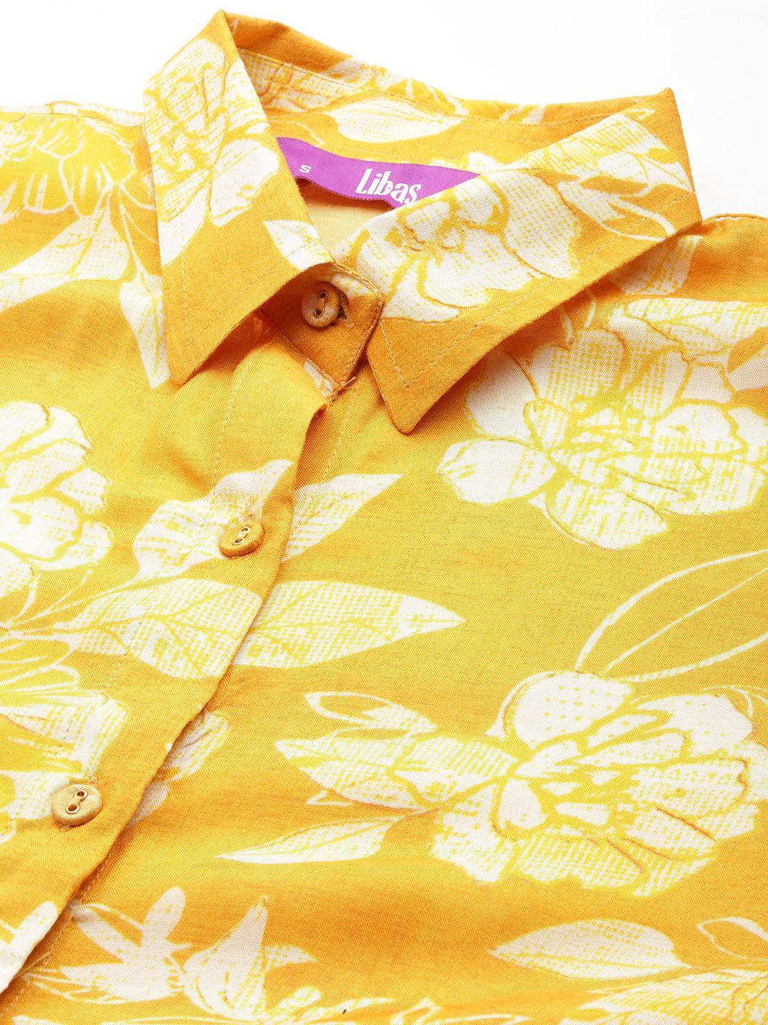 Mustard Printed Cotton Blend Shirt With Palazzos - ShopLibas