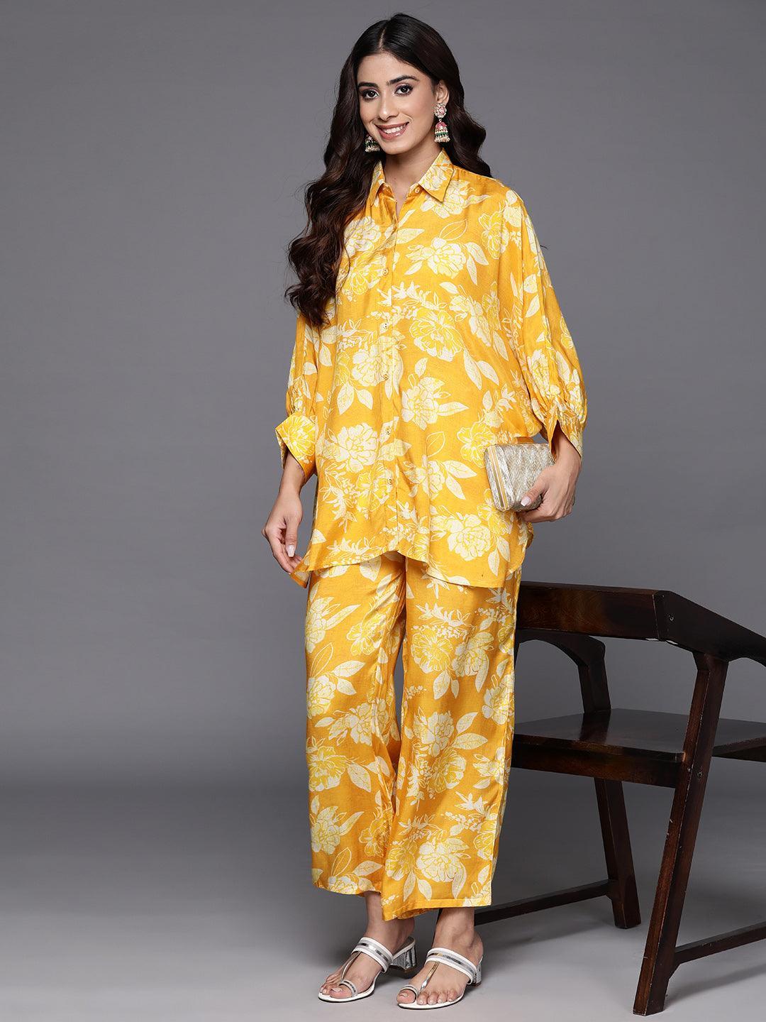 Mustard Printed Cotton Blend Shirt With Palazzos - ShopLibas