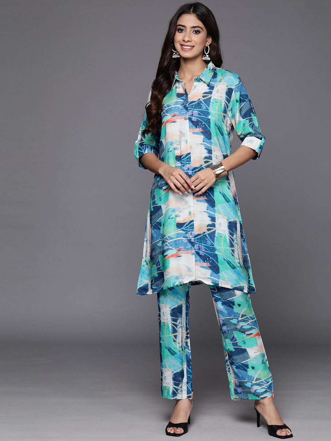 Blue Printed Cotton Blend Tunic With Palazzos - ShopLibas