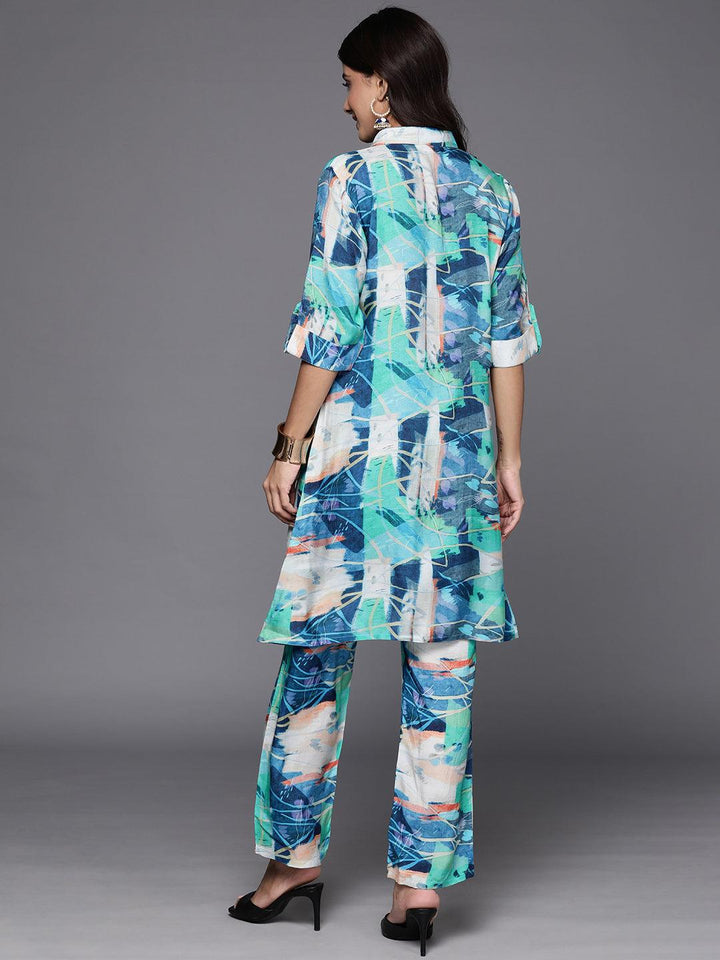 Blue Printed Cotton Blend Tunic With Palazzos - ShopLibas