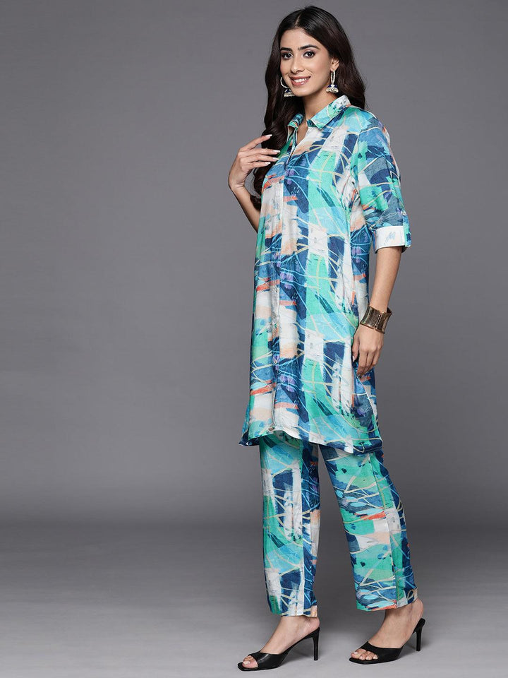 Blue Printed Cotton Blend Tunic With Palazzos - ShopLibas