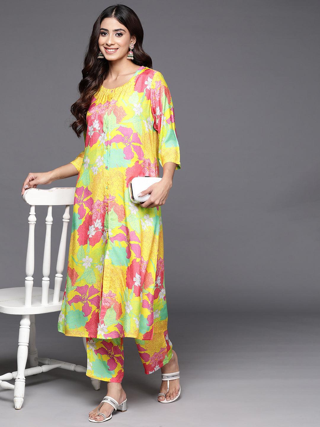 Yellow Printed Cotton Blend Tunic With Palazzos - ShopLibas