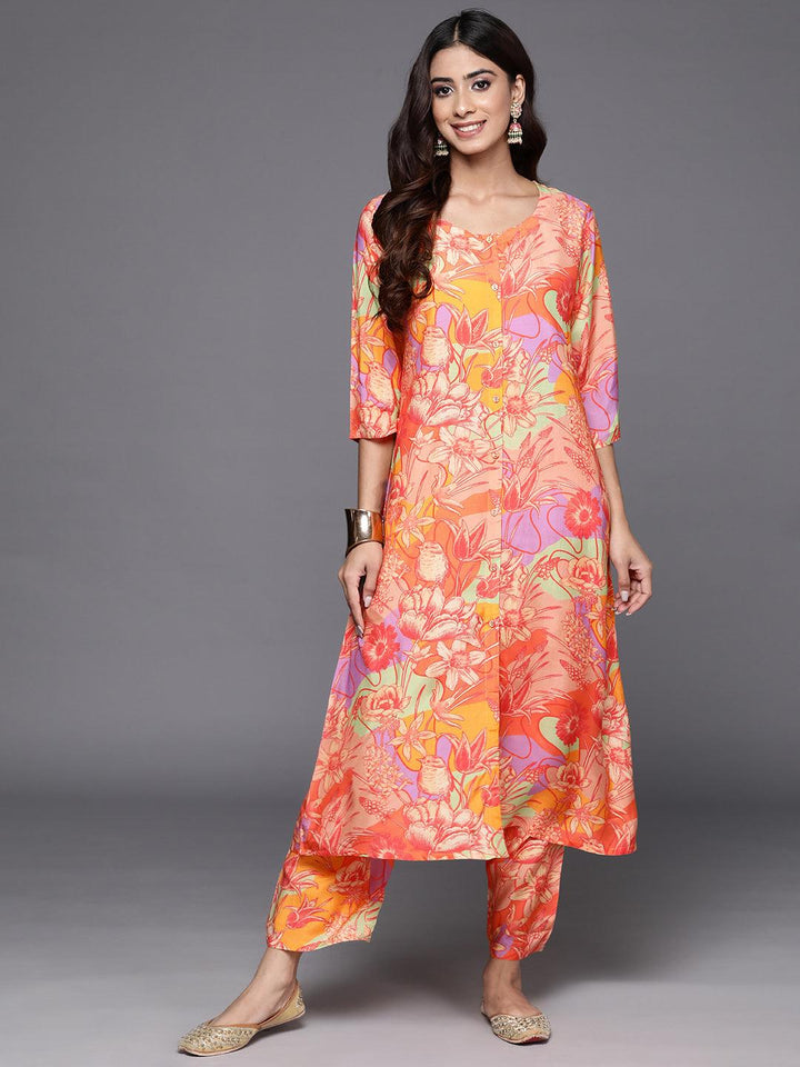 Orange Printed Cotton Blend Tunic With Palazzos - ShopLibas