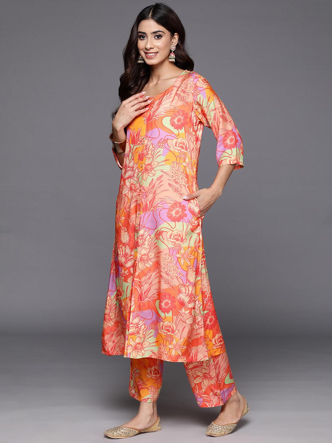 Orange Printed Cotton Blend Tunic With Palazzos - ShopLibas