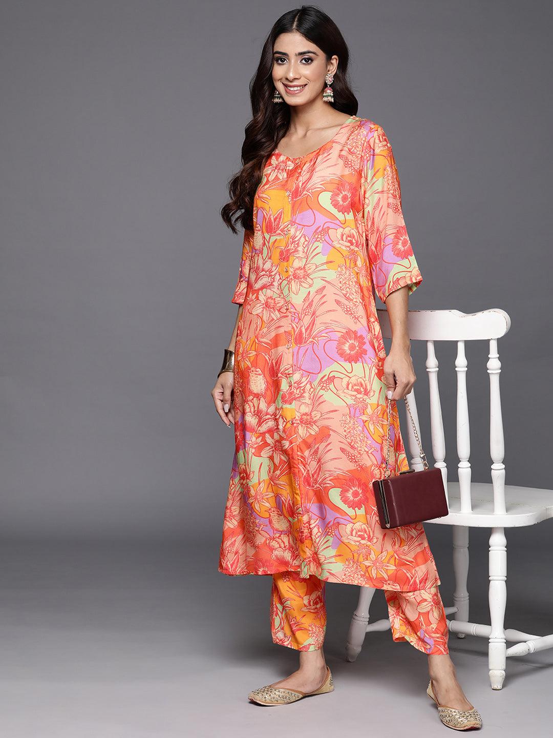 Orange Printed Cotton Blend Tunic With Palazzos - ShopLibas