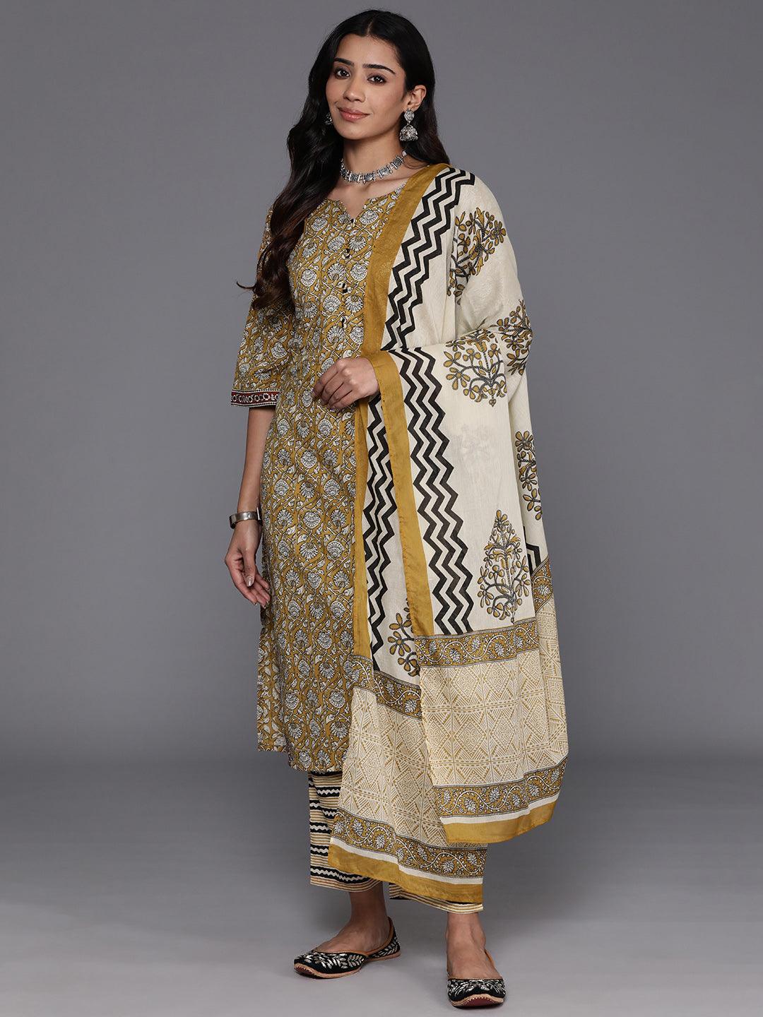 Mustard Printed Cotton Straight Kurta With Palazzos & Dupatta - ShopLibas